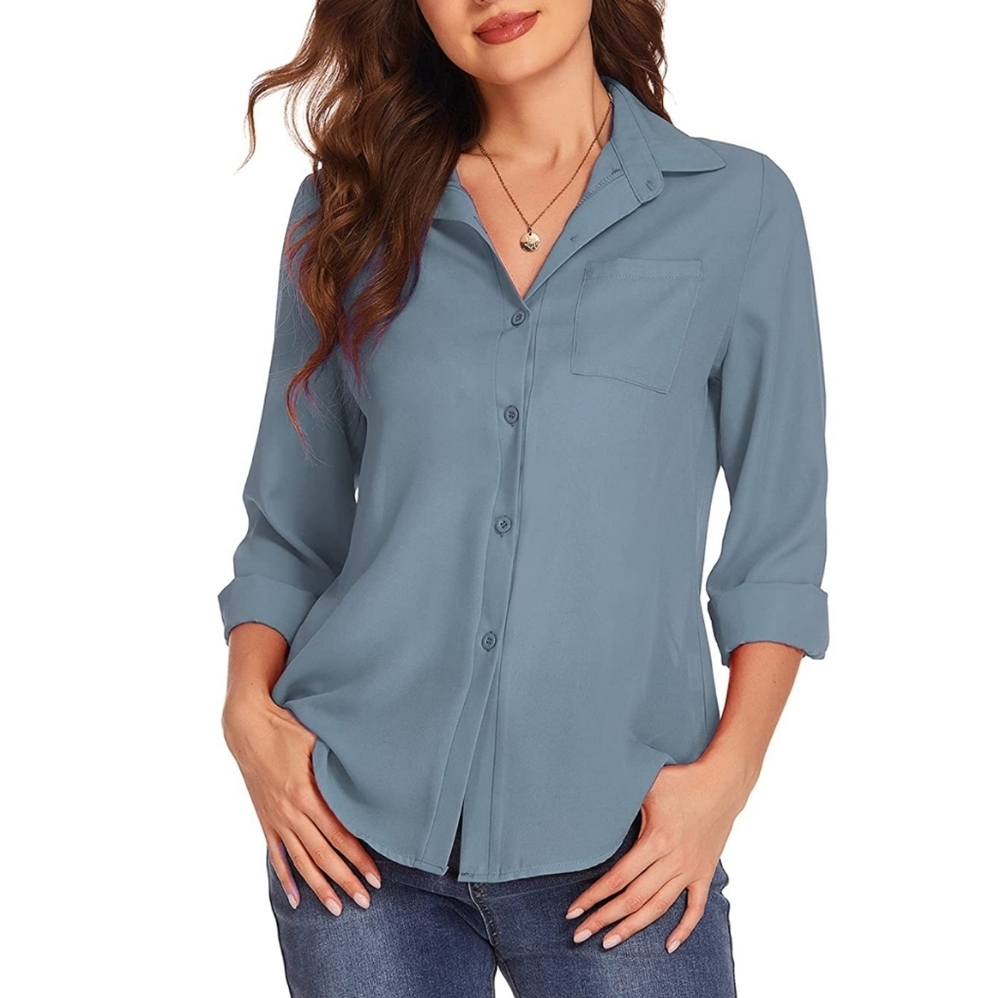Dusty blue Chiffon women's button up dress shirt XL
